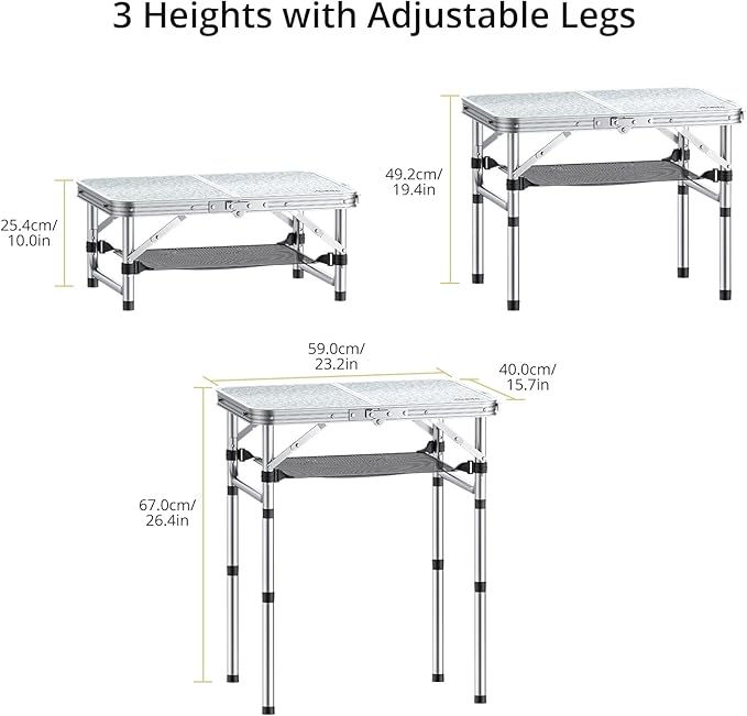 2ft Camping Table Foldable, 3 Adjustable Heights 26.3" Aluminum Small Folding Table with Storage Net, Lightweight, Portable Handle for Travel Outdoor Beach Picnic, 23.2" x 16", Silver