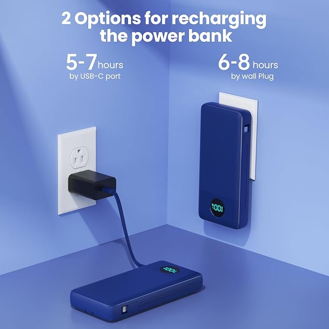 Portable Charger 33800mAh USB C Power Bank with Built-in Cables & AC Wall Plug,25W Fast Charging+QC 4.0 Phone Charger,4 Output LCD Display Battery Pack Compatible with iPhone16/15,Samsung,Android etc