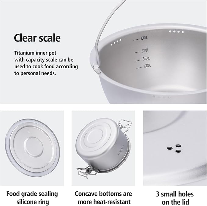 Boundless Voyage Titanium Pot Multifunctional Rice Cooker 2L+0.9L Pot Set Ultralight Outdoor Camping Cookware