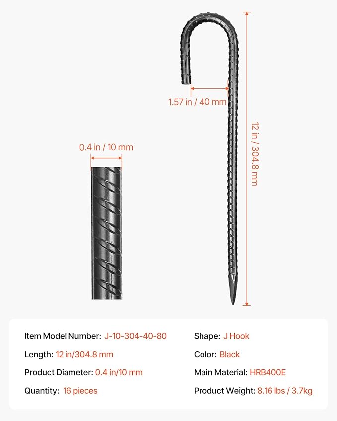 VEVOR Rebar Stakes, 12-Inch, Heavy-Duty 0.4 in Diameter J Hook, Galvanized Steel Ground Anchors with Chisel Point End & Rust-Resistant Coating, for Gardening Support, Fence, Camping Tents (16-Pack)