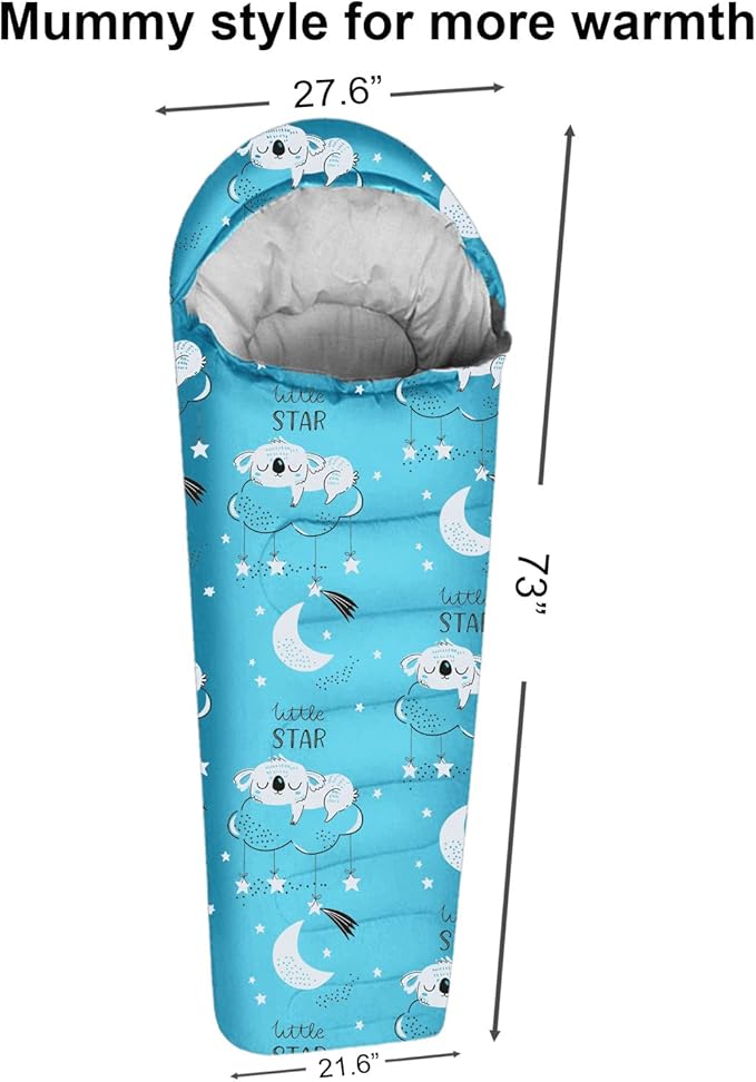 KidzAdventure Mummy Style 32 – 59F Kids Sleeping Bag with Pillow Sleeve, 4 Season, Lightweight and Backpacking Style, Ideal for Camping, Sleepover, Boys, Girls, Youth and Toddlers