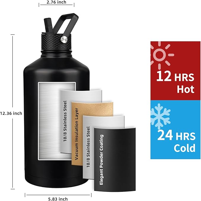 Insulated Water Bottle 128oz,Triple Wall Vacuum Stainless Steel(Dishwasher Safe),Leak Proof & Non-BPA,Flask Jug with Paracord Handle & Straw Spout Lids Sports Black