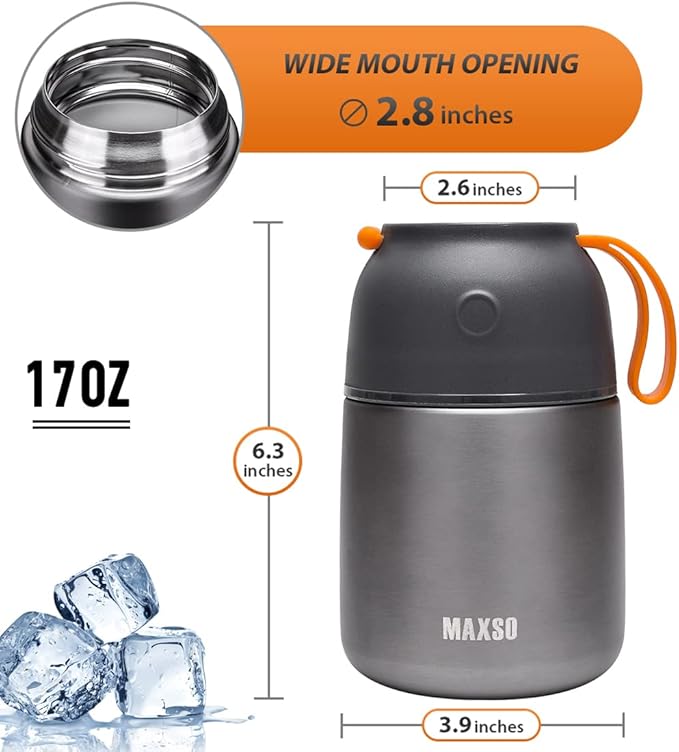 MAXSO Soup Thermo for Hot & Cold Food for Adults Kids, 17 oz Vacuum Insulated Steel Lunch Container Bento Box with Spoon, Leakproof Thermal Food Jar for School Office Travel - Grey