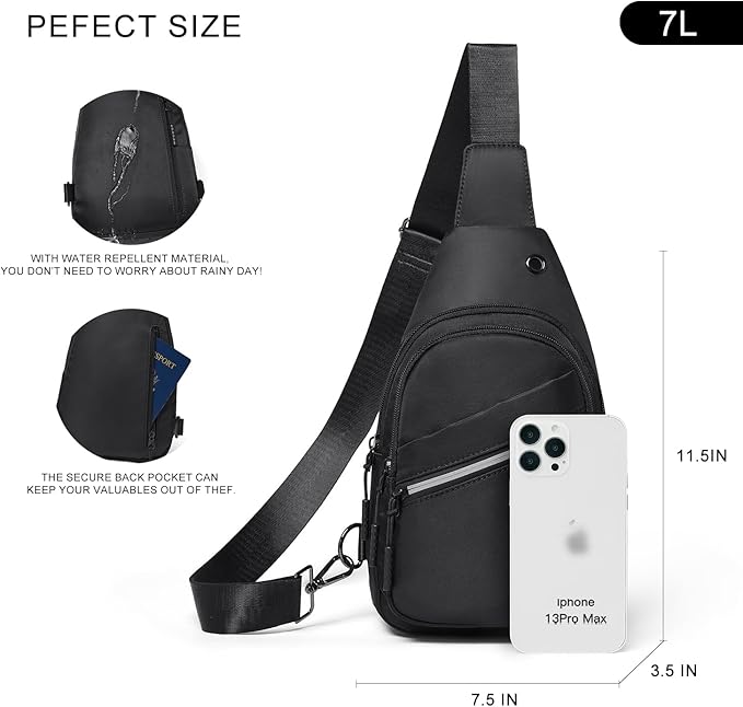 7L Sling Bag For Women Faux Leather Anti Theft Small Casual Daypack Backpack Fanny Pack Crossbody Chest Bags Purse Waterproof Black
