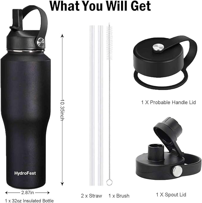 32oz Water Bottle Insulated with Straw,Leak Proof Water Bottles，Mens Water Bottle Stainless Steel for Gym,Hiking,Travel，Sport,1 Liter,Bpa free