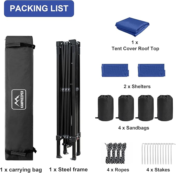 KAMPKEEPER 10x10 Pop Up Canopy Tent with 2 Sidewalls, Beach Tent - Easy Outdoor Sun Shade for Events, Parties, Camping - Gazebo with 4 Weight Bags & Carry Bag.（Navy Blue）