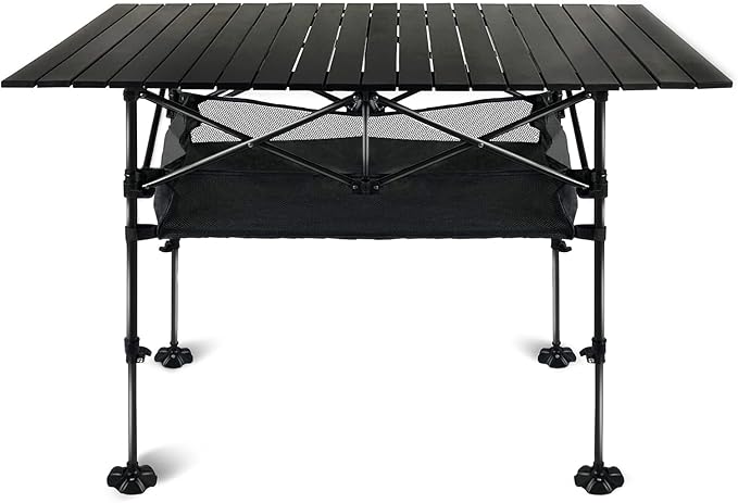 LEADALLWAY Adjustable Height Aluminum Camping Table Folding Portable Outdoor Table with Large Storage Organizer and Carrying Bags Big Foot Upgrade Collapsible Picnic Table 47(L) x22(W)