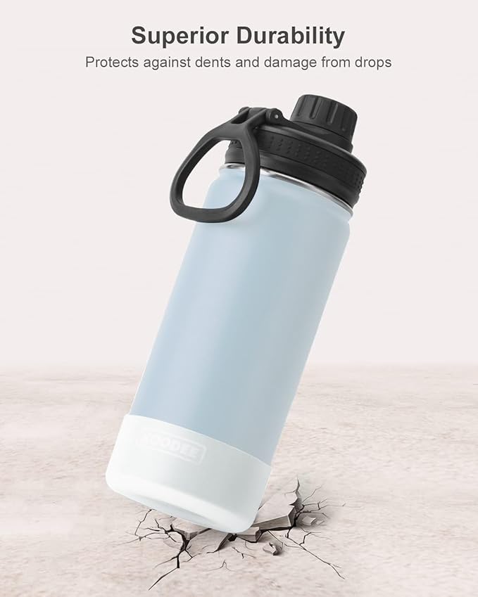 koodee Kids Water Bottle-16 oz Stainless Steel Vacuum Insulated Water Bottle for Back to School Wide Mouth Flask with Leakproof Spout Lid (Bby Blue)