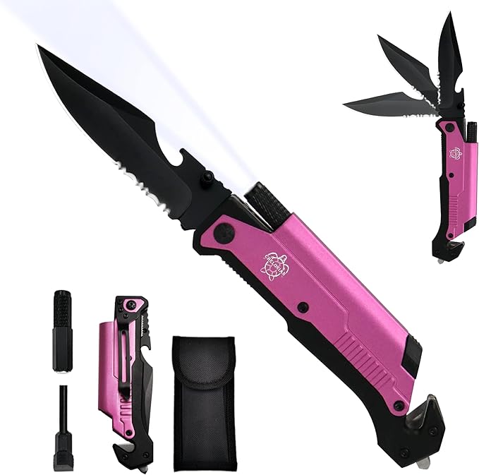 8.5" Military Outdoor Hunting Camping Pocket Knife, 7 in 1 Multi-Function Folding Knives with Fire Starter LED Light Seatbelt Cutter Glass Breaker Bottle Opener Tactical Blade (Pink)