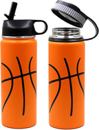 18 oz Basketball Water Bottle, Sports Cup Flask Metal Travel Mug with 2 Lids, Stainless Steel Double Wall Vacuum Leak Proof Insulated Water Bottles, Basketball Accessories Stuff Gifts for Boys Girls