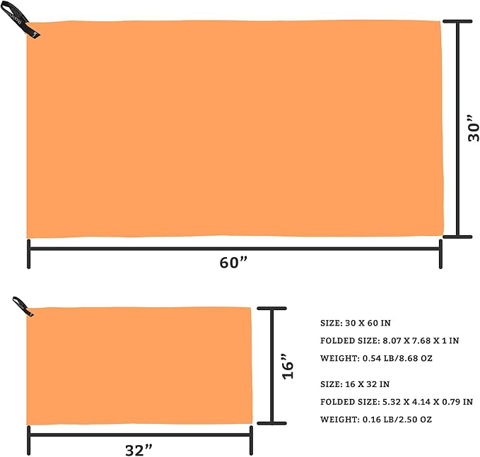 Rainleaf 2 Pack Microfiber Quick Dry Travel Towel, Super Absorbent Ultra Compact Lightweight Camping Towel for Gym, Hiking, Pool, Yoga - Orange