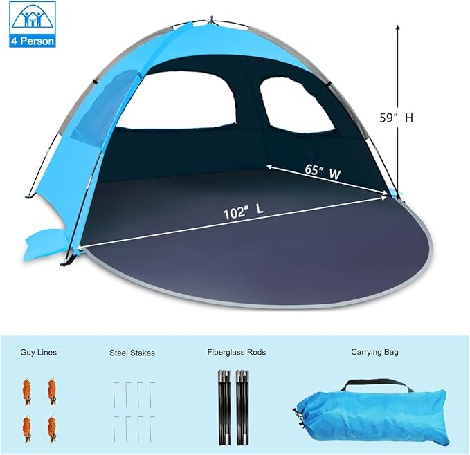 NXONE Beach Tent Sun Shade Shelter for 3/4/6 Person Person with UV Protection, Extended Floor, 3 Mesh Roll Up Windows & 8.0/8.5mm Fiberglass Rods丨Carry Bag Included