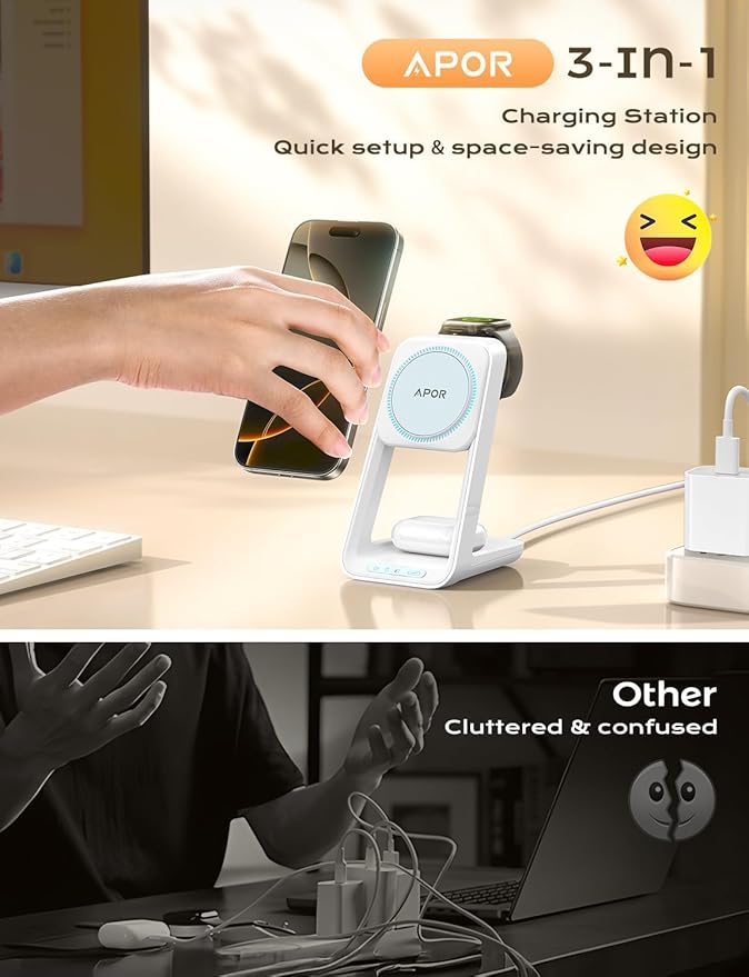 3 in 1 Charging Station for iPhone, Magsafe Wireless Charger with Cooling Fan for iPhone 16 15 14 13 12 Series & Apple Watch Charger 10/Ultra 2, Wireless Charging Station for AirPods 4/3/Pro