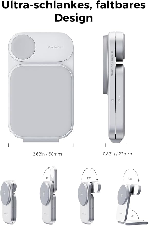 MagFusion Z 3-in-1 Charging Station Compatible with MagSafe, 15W Wireless Charger Foldable Qi2 Certified, Magnetic Charger for iPhone 17/16/15/14/13/12, AirPods 4/3/2/Pro, Apple Watch, Silver