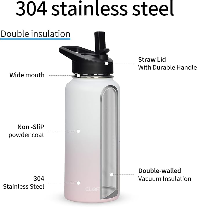 32oz Vacuum Insulated Stainless Steel Water Bottles with Straw & Spout Lids, Double Wall Sport Bottle, Sweat-Proof BPA Free, Canteen Metal Thermo Mug Hydro Cup Jug (Dreamy Pink)