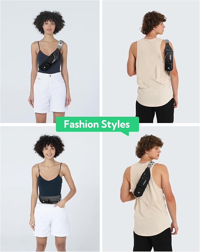 WATERFLY Fanny Pack for Women Men Water Resistant Small Waist Pouch Slim Belt Bag with 4 Pockets Lightweight Crossbody Chest Bag Fit All Phones, 11.02 x 2.1 x 4.3 inch