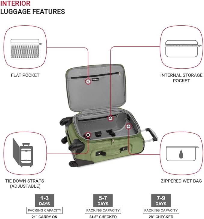 SwissGear Sion Softside Expandable Luggage with Spinner Wheels, Evergreen, 3-Piece Set (21/25/29)