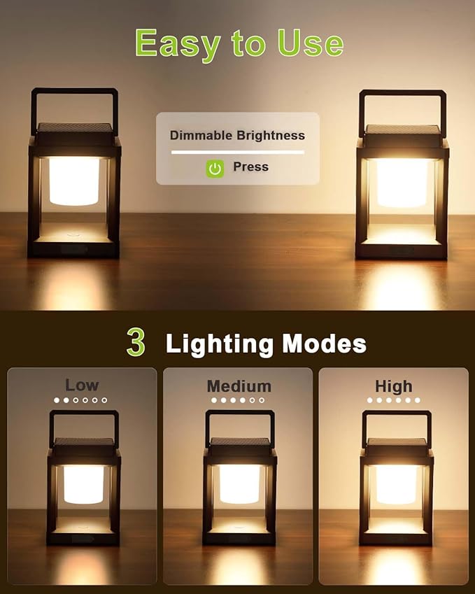 Solar Lanterns Outdoor Table Lamp, Led Lamps for Nightstand, Outdoor Table Lamp for Patio Waterproof, Cordless Battery Operated Lamp, Rechargeable Solar Lantern for Reading Decor Camping
