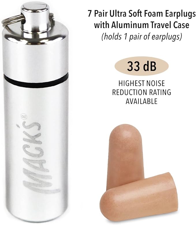 Mack’s Ultra Soft Foam Earplugs, 7 Pair + Case – 33 dB Highest NRR, Comfortable Ear Plugs for Sleeping, Snoring, Travel, Concerts, Studying and Noise