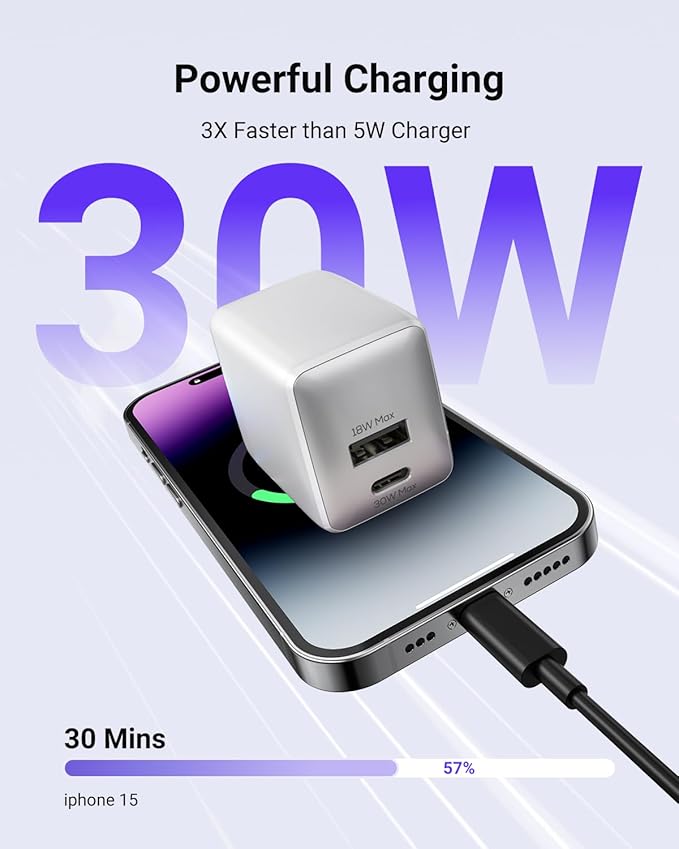 wegear USB C Fast Charging Charger, 30W Dual-Port GaN Nano Charger with Foldable Plug for iPhone 17/16/15 Series, iPad, Galaxy S24 Ultra and More Series, (White, 2 Pack & 2 Cable)