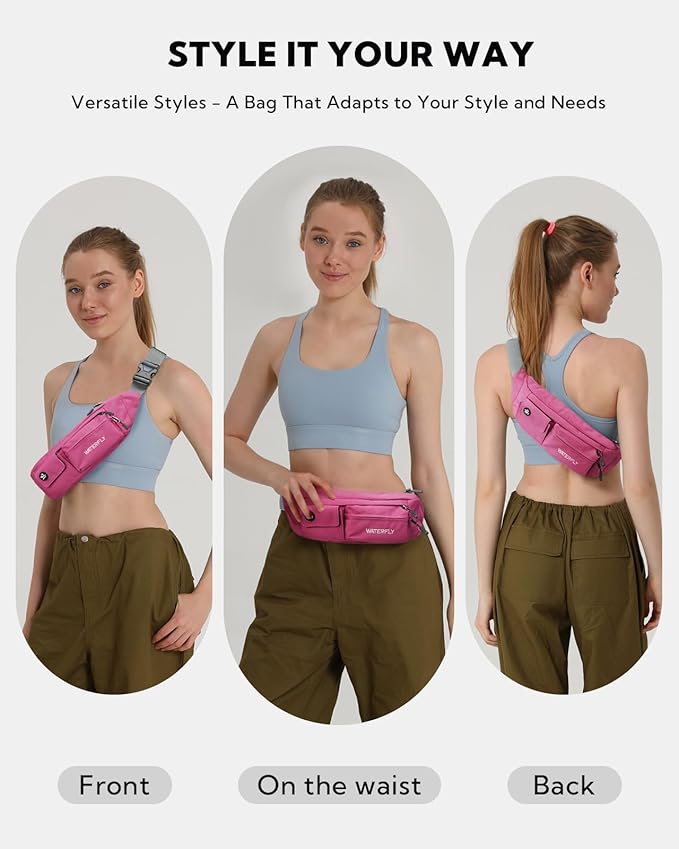 WATERFLY Small Crossbody Fanny Pack: 5 Pocket Slim Lightweight Waist Belt Hip Bag for Women Men Water Resistant Chest Pouch for Travel Hiking Running Walking Fit All Phones - Pink