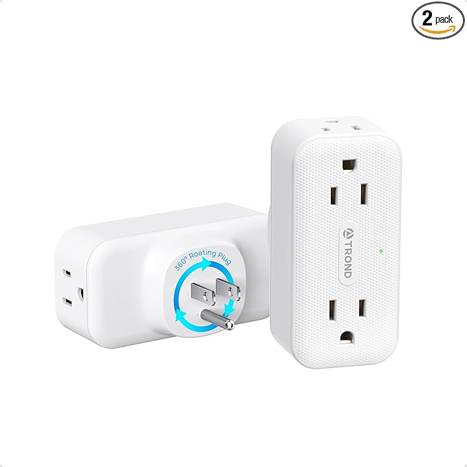 TROND 2 Pack 360 Rotating Outlet Extender, 4 AC Plug Adapter with 900 Joules Surge Protection, 3 Way Charging Station, Multi Plug Wall Outlet for Home Office Travel Dorm Essentials, White