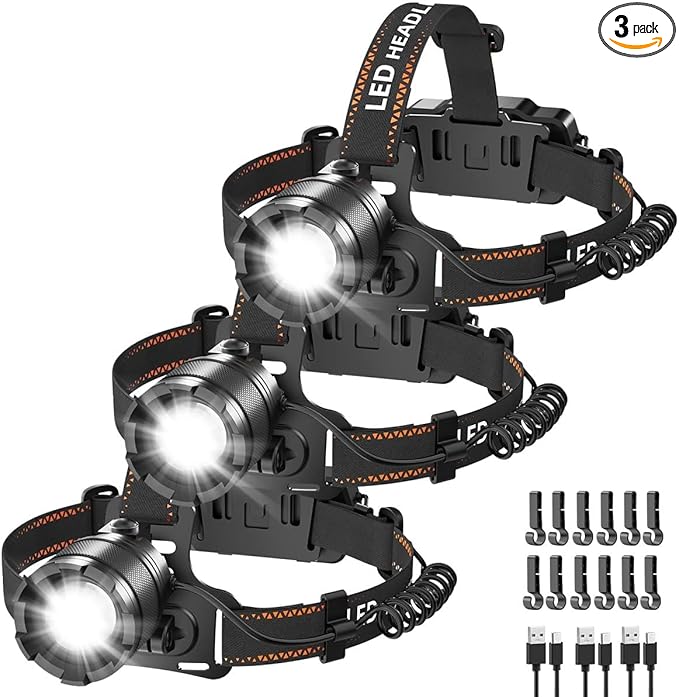 KYEKIO 3Pack Rechargeable Headlamps for Adults, 9900L Super Bright Head Lamps LED Rechargeable, 4Mode Head Lights for Forehead Hard Hat, Adjustable Focus 90°Headlight, Waterproof LED Headlamp Camping