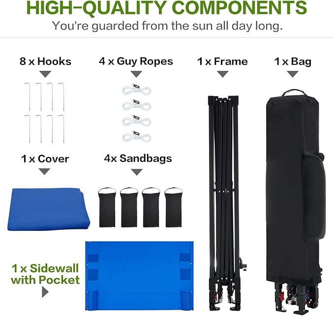 10'x10' Pop Up Canopy Tent with 1 Sidewall and 6 Pockets, One Push Setup, Instant Shade Tent with Vented Roof for Beach Patio Outdoor, Case, 8 Stakes, 4 Ropes, 4 Sandbags (Royal Navy, 10x10)