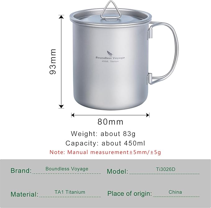 iBasingo 450ml Titanium Mug with Lid Tea Coffee Water Cup Outdoor Camping Pot Ultra-light Portable Hiking Backpacking Cooking Kit Picnic Tableware Drinkware with Foldable Handle Ti3026D