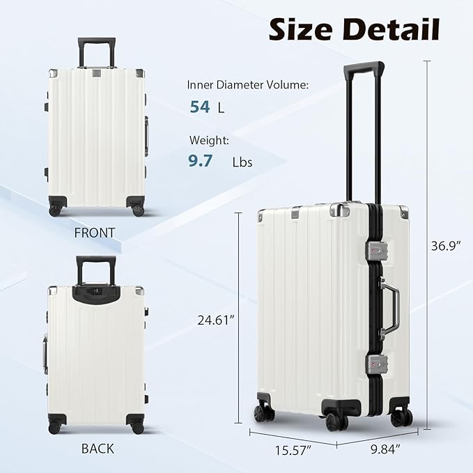 Krute Checked Aluminum Frame Suitcase 24 Inch Zipperless Luggages Hardside PC Luggage With Spinner Wheels TSA Lock USB Charger Suitcases(1 Piece)