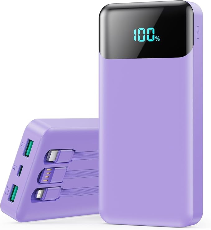 Portable Charger 40800mAh with 3 Built-in Cable,PD 25W USB C in&Out Power Bank Fast Phone Charging,QC4.0 LED Display 5 Output External Battery Pack Compatible with iPhone 16/15,Samsung Android-Purple