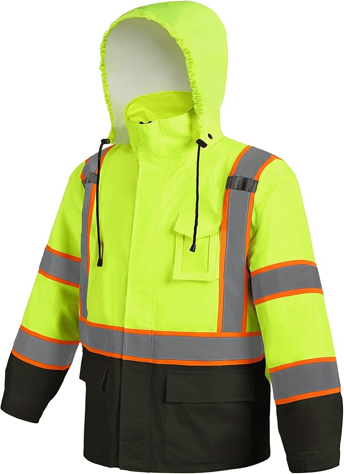 Hi Vis Safety Rain Jacket for Men Women Waterproof Breathable Rain Gears with Mesh Lining Black Bottom Lightweight Work Jacket (4XL/5XL)