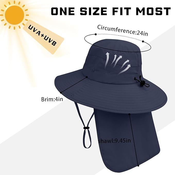 Sun Hats for Men Women, UPF50+ Protection Safari Hat,Wide Brim Fishing Hat with Neck Flap,Bucket Hats for Beach Hiking