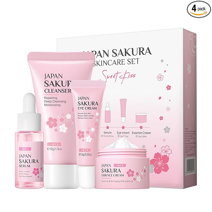 Skin Care Kit Cherry Blossom Korean Skincare Set for Teen Girls & Women Travel Sizes Hydrating Cleanser, Anti-Aging Serum, Moisturizer, Eye Cream - Radiant Gentle Skin Cleaning Mini Holiday Gift (4PC)