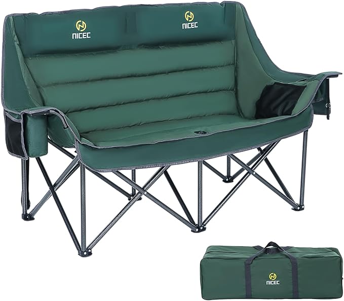 Nice C Double Padded Camping Chair, Oversized Loveseat Camping Chair, Outdoor Camping Couch for Adults, Lawn Chairs, Extra Padded, with Cup Holder, Cooler Bag, Bottle Opener (Green)