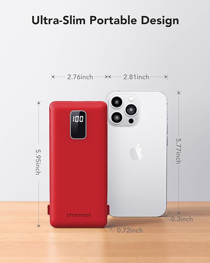 charmast Portable Charger with Built-in Cables and Plug, 10000mAh USB C Power Bank Fast Charging, External Battery Pack Slim, Travel Essentials Compatible with iPhones, Samsung Galaxy, iPad