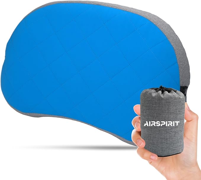 AIRSPIRIT Ultralight Camping Pillow Inflatable with Removable Washable Cover, Compact Travel Pillow for Neck Support, Hiking, Backpacking, Office, Airplane, Car & Beach - Adjustable Firmness (Blue)