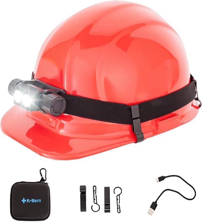 K-Bern Hard Hat Headlamp. Rechargeable. 1200 Lumen, Ultra Bright Head Lights for Forehead. Waterproof, Lightweight Aluminum, 3350mAh Battery, Perfect for Dog Walking, Camping, Hiking & Projects