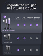 AINOPE USB C Cable 60W 2-Pack 10ft Nylon Braided USB C to USB C Cable Type C Charger Fast Charging Right Angle USBC Cable Charger Cord for iPhone 16 Pro Max 15 Plus Samsung S24 S23 iPad Pro Purple