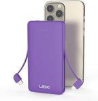 10000mAh Slim Power Bank with Built in Cable,Thin Lightweight Portable Phone Charger,4 Output USB C Travel Essentials External Battery Pack Clutch Charger for iPhone,Samsung,Android,Heated Vest,Purple