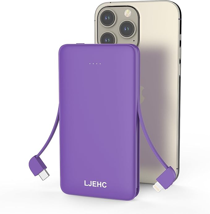 10000mAh Slim Power Bank with Built in Cable,Thin Lightweight Portable Phone Charger,4 Output USB C Travel Essentials External Battery Pack Clutch Charger for iPhone,Samsung,Android,Heated Vest,Purple