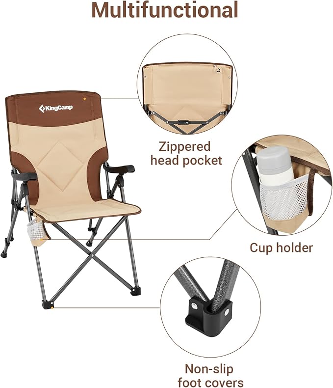 KingCamp 3-Position Adjustable Camping Chairs Heavy Duty High Back Oversized Chairs for Outside Portable Padded Backrest Camp Chair (Khaki/Coffee)