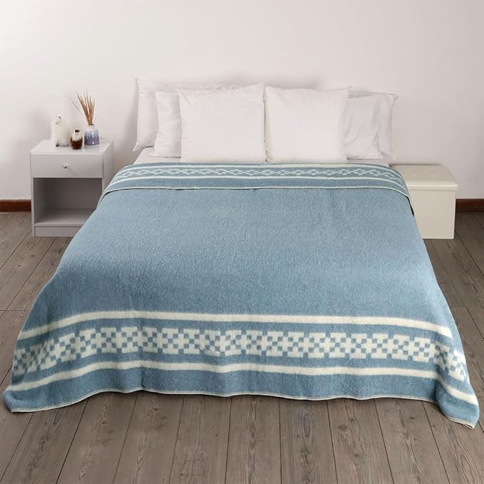 Inca Wall - Thick Alpaca Wool Blanket Heavyweight Camping Outdoors Indoors Soft Peru King Size New Ethnic Design (Soft Blue - Ivory 2, King Size)