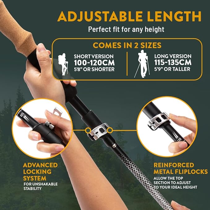 Premium Foldable Hiking Poles by USA Brand - Adjustable, Lightweight Trekking Poles Made of Aircraft Aluminum, Metal Flip Locks & Comfortable Real Cork and EVA Foam Grips