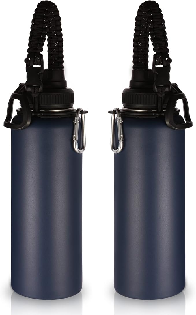 Volhoply Insulated Water Bottles Bulk 2 Pack, 40 oz Reusable Stainless Steel Sports Bottle with Paracord Handle & Spout Lid, Double Wall Vacuum Travel Big Water Cups with Wide Mouth(Navy,2 Set)