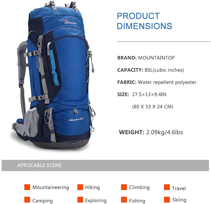 MOUNTAINTOP 80L Internal Frame Backpack for Man & Women Backpacking Hiking Backpack with Rain Cover