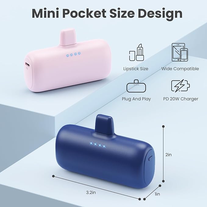 [2-Pack] Mini Portable Charger for iPhone,5200mAh Ultra Compact PD Fast Charging Power Bank,Plug-in Battery Pack Travel Cordless Phone Charger,Compatible with iPhone 14/14Pro/13/12/11/X/8/7/6plus etc