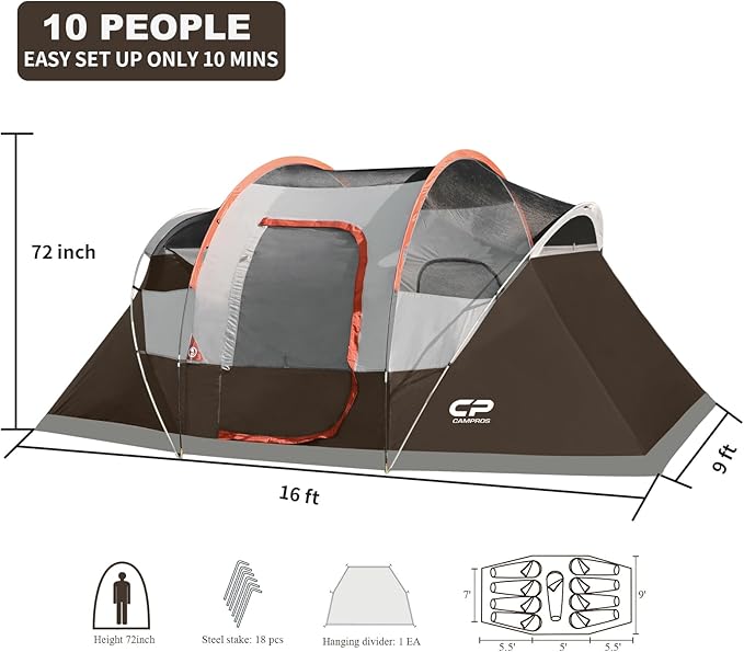 CAMPROS CP Camping Tent 10 Person Family Cabin Tent, 2 Room Water Resistant Waterproof Tent with Top Rainfly, 4 Large Mesh Windows, Double Layer, Easy Set Up, Portable with Carry Bag, 16ft x 9ft x72in