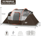 CAMPROS CP Camping Tent 10 Person Family Cabin Tent, 2 Room Water Resistant Waterproof Tent with Top Rainfly, 4 Large Mesh Windows, Double Layer, Easy Set Up, Portable with Carry Bag, 16ft x 9ft x72in