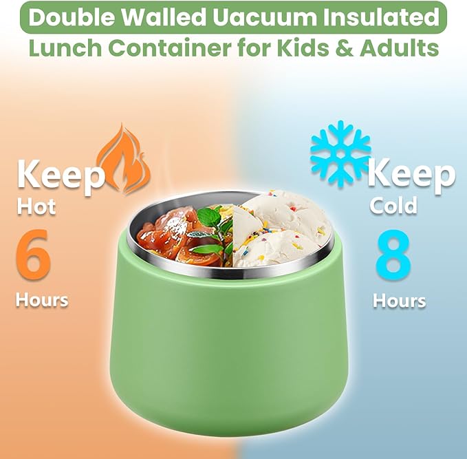 14oz Insulated Vacuum Food Jar with Buckle Lid,Soup Thermo for Hot Food Kids,Wide Mouth Leakproof Stainless Steel Lunch Container with Spoon-Green